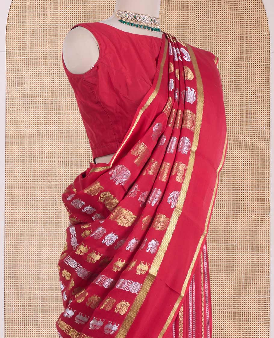 Red animal zari motifs Mysore silk saree, rettai pettu zari border, and pallu steeped with traditional designs - Image 3