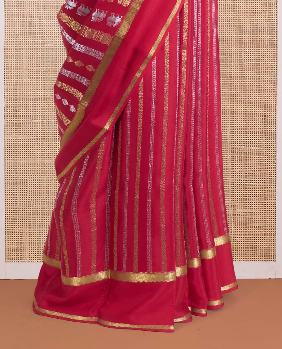 Red animal zari motifs Mysore silk saree, rettai pettu zari border, and pallu steeped with traditional designs - Image 4