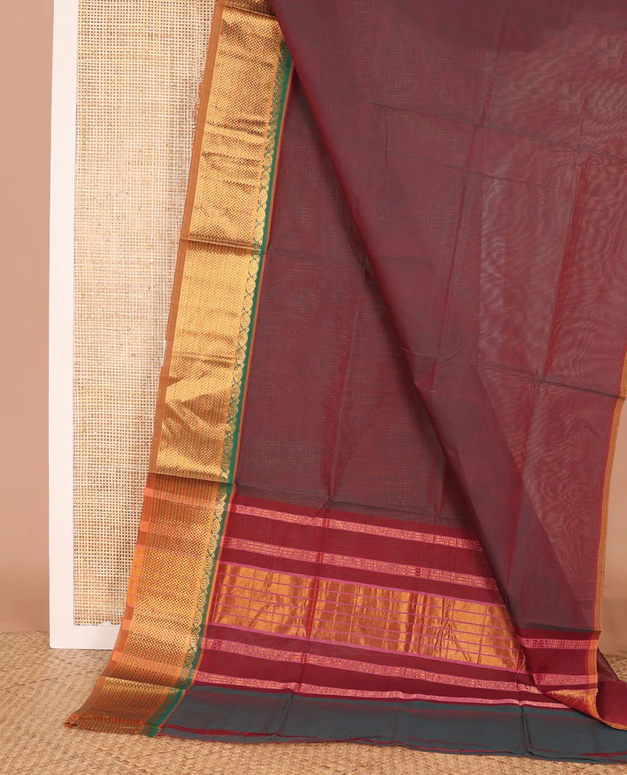Maroon plain Venkatagiri cotton saree, contrast traditional zari border, and zari striped pallu - Image 2