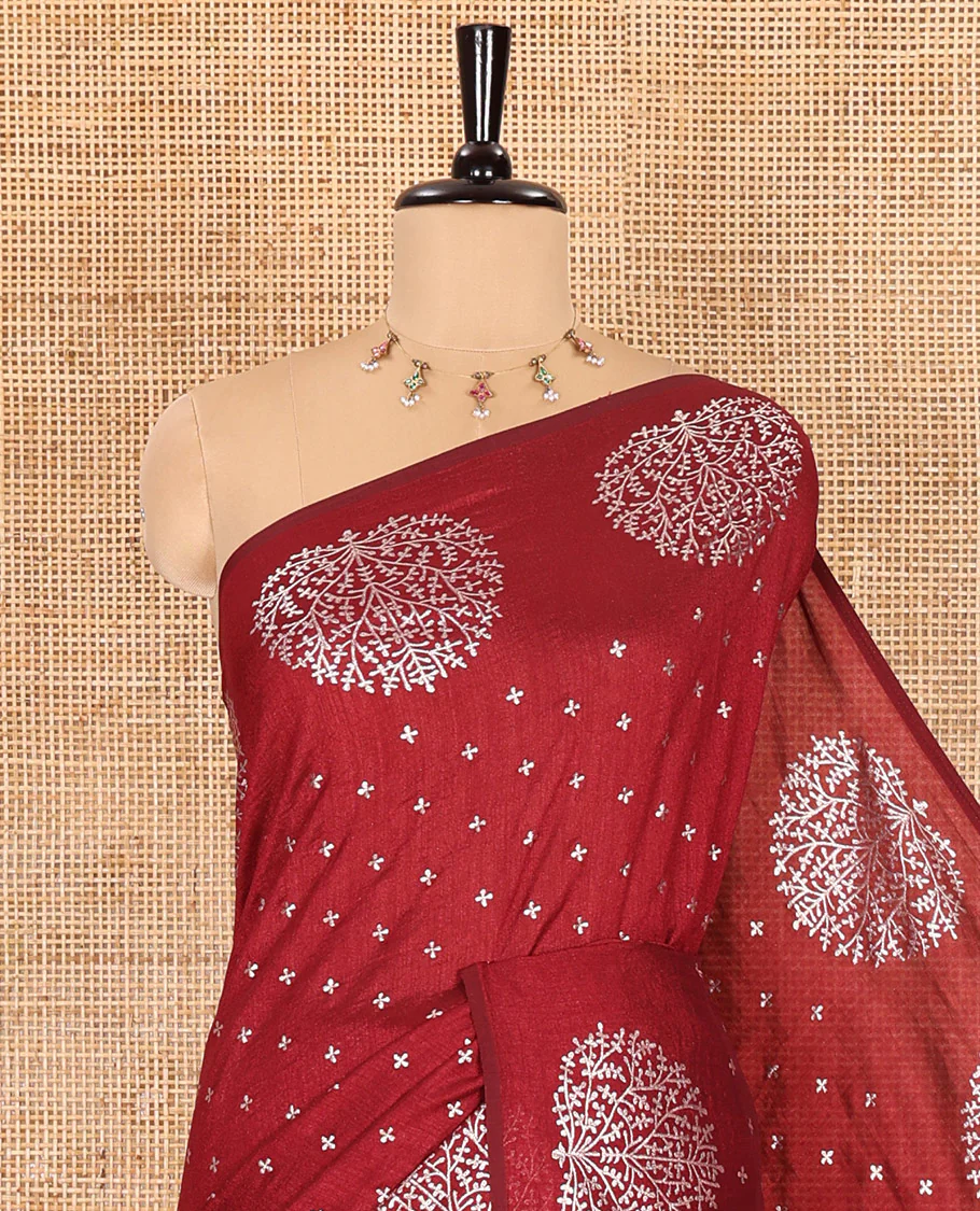 Maroon plus buttas woven Vichitra silk saree, kalpavriksha tree motifs woven on its border, self-pallu, and no blouse - Image 2