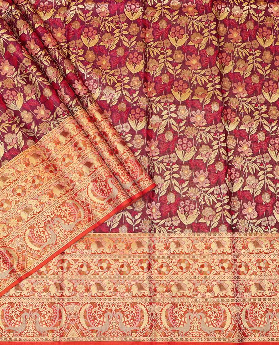 Maroon Pure Silk Half-Saree Woven with Floral Jacquard Design on Its Skirt, Complemented by a Contrast Meenakari Border Featuring Mayil and Yaanai Designs, Comes with a Contrast Jacquard Blouse and a Dhavani of Manga Designs - Image 2