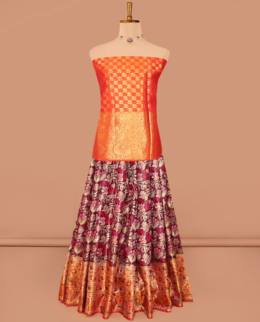 Maroon Pure Silk Half-Saree Woven with Floral Jacquard Design on Its Skirt, Complemented by a Contrast Meenakari Border Featuring Mayil and Yaanai Designs, Comes with a Contrast Jacquard Blouse and a Dhavani of Manga Designs - Image 3