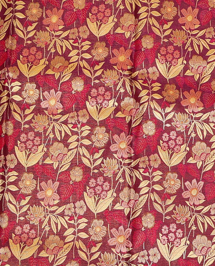 Maroon Pure Silk Half-Saree Woven with Floral Jacquard Design on Its Skirt, Complemented by a Contrast Meenakari Border Featuring Mayil and Yaanai Designs, Comes with a Contrast Jacquard Blouse and a Dhavani of Manga Designs - Image 4