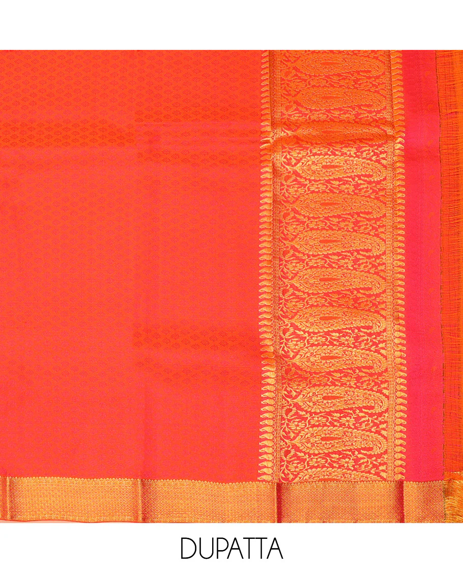 Maroon Pure Silk Half-Saree Woven with Floral Jacquard Design on Its Skirt, Complemented by a Contrast Meenakari Border Featuring Mayil and Yaanai Designs, Comes with a Contrast Jacquard Blouse and a Dhavani of Manga Designs - Image 5