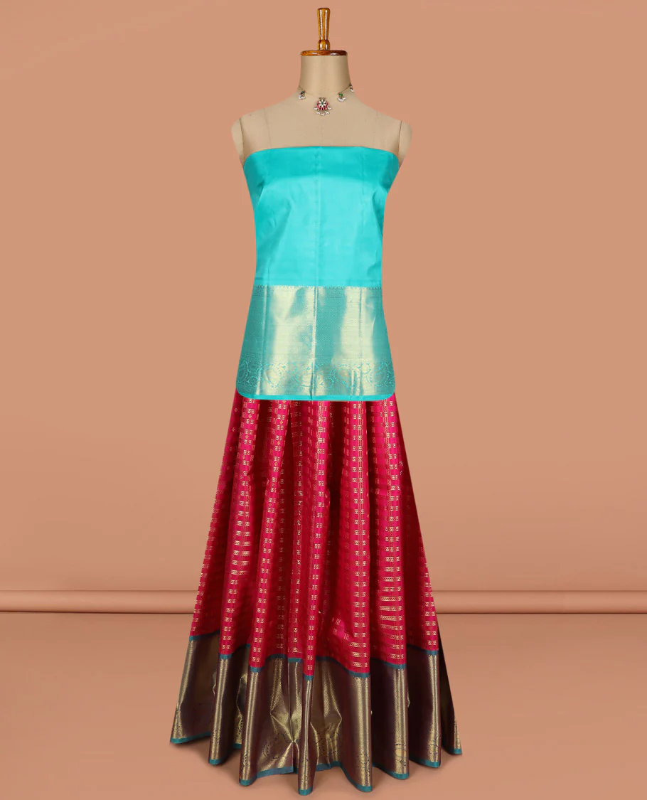 Maroon pure silk half saree, zari design skirt, contrast border and blouse of thilakam, kodi visiry, maga design and mayil kann, and intricate dhavani - Image 2