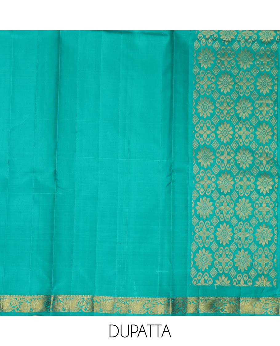 Maroon pure silk half saree, zari design skirt, contrast border and blouse of thilakam, kodi visiry, maga design and mayil kann, and intricate dhavani - Image 5