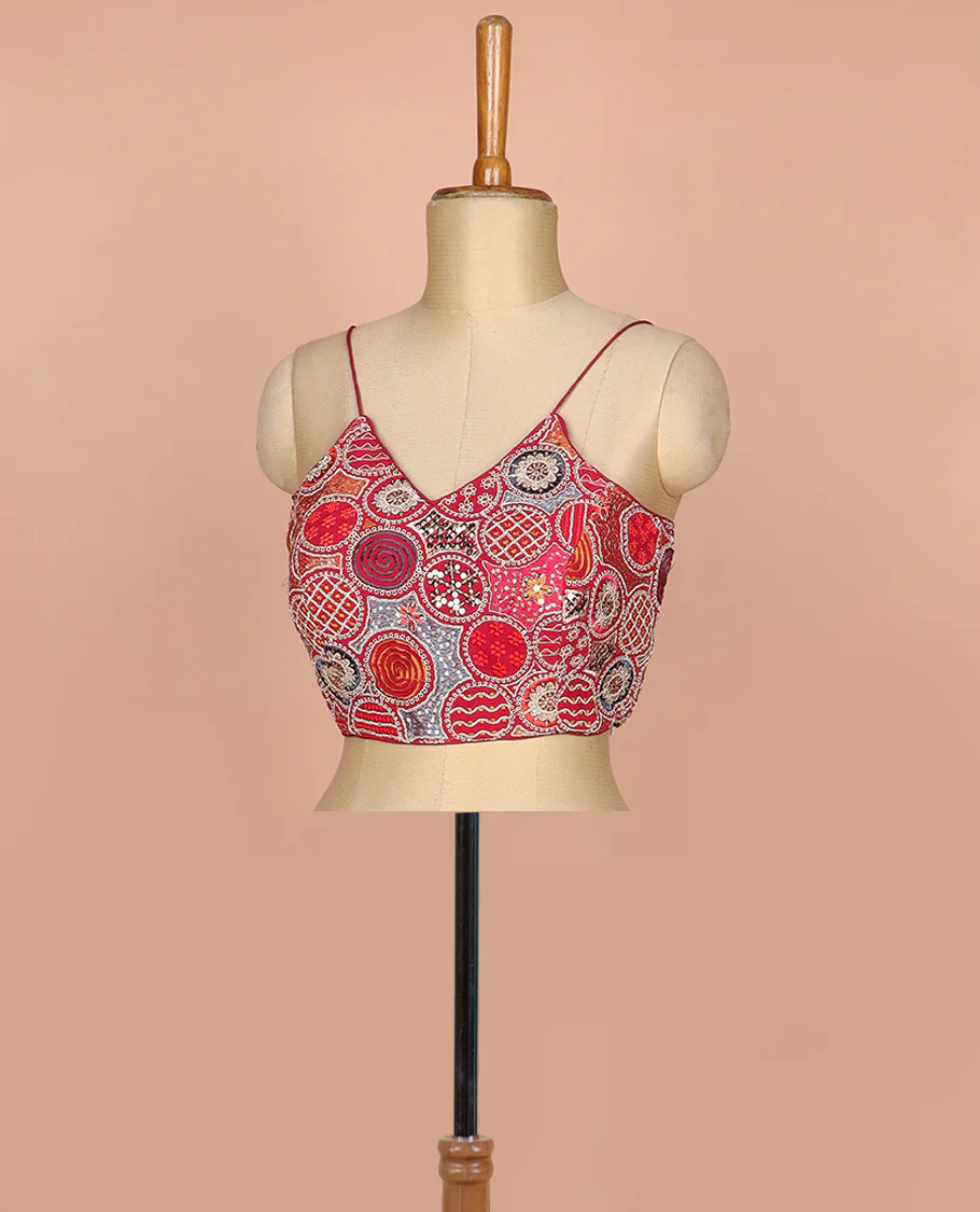Maroon resham thread and sequins embroidered spaghetti sleeve V-neck readymade blouse