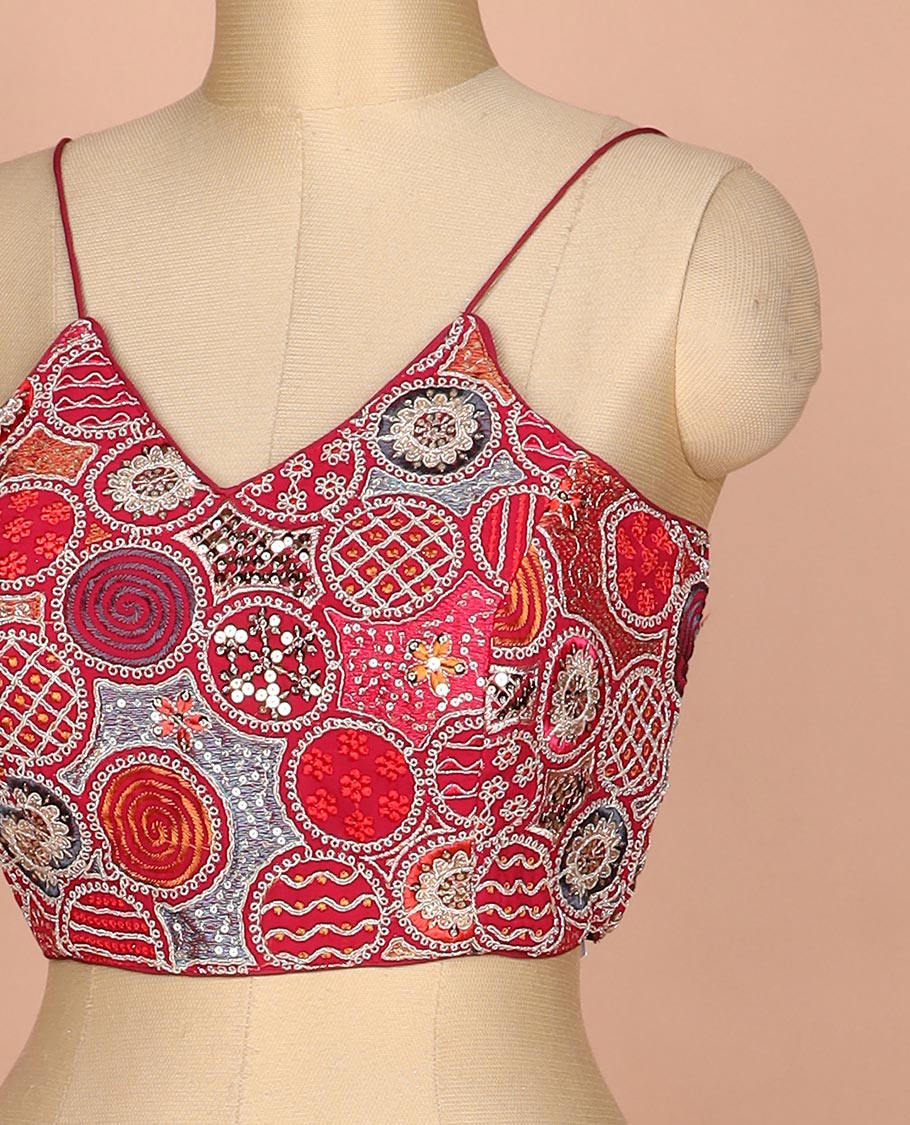 Maroon resham thread and sequins embroidered spaghetti sleeve V-neck readymade blouse - Image 2