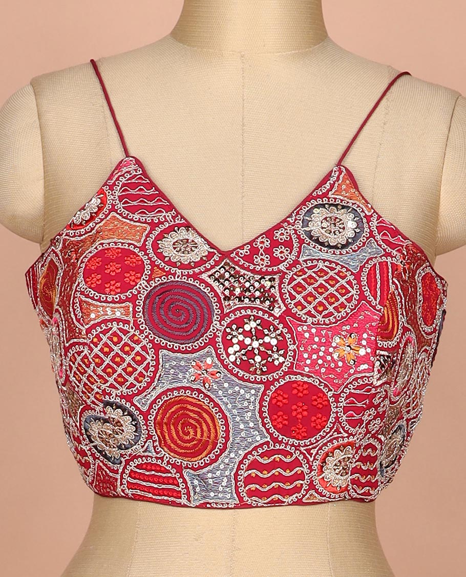 Maroon resham thread and sequins embroidered spaghetti sleeve V-neck readymade blouse - Image 3