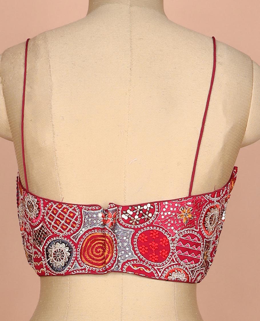 Maroon resham thread and sequins embroidered spaghetti sleeve V-neck readymade blouse - Image 4