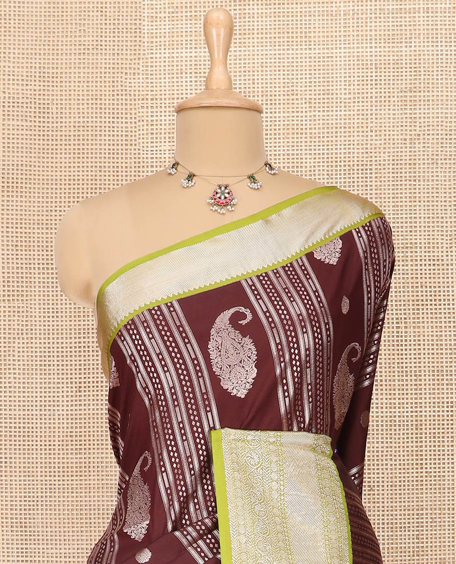 Maroon Semi-Soft Silk Saree Prettified with Paisley and Zari Design, Complemented by Contrast Traditional Zari Design Border, Majestically Detailed Pallu of Intricate Designs, and Paired with a Contrast Blouse - Image 2
