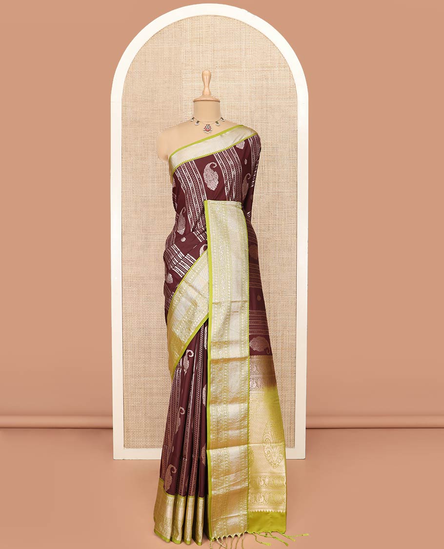 Maroon Semi-Soft Silk Saree Prettified with Paisley and Zari Design, Complemented by Contrast Traditional Zari Design Border, Majestically Detailed Pallu of Intricate Designs, and Paired with a Contrast Blouse - Image 3