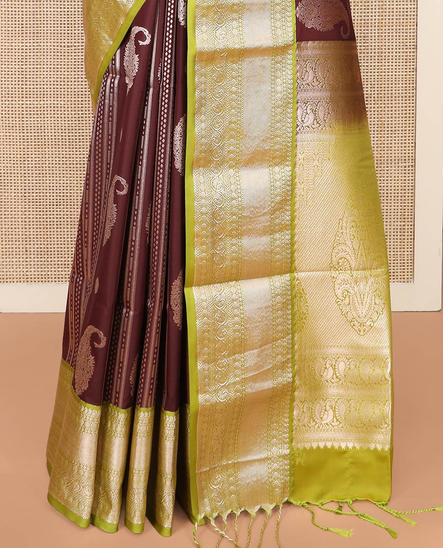 Maroon Semi-Soft Silk Saree Prettified with Paisley and Zari Design, Complemented by Contrast Traditional Zari Design Border, Majestically Detailed Pallu of Intricate Designs, and Paired with a Contrast Blouse - Image 4