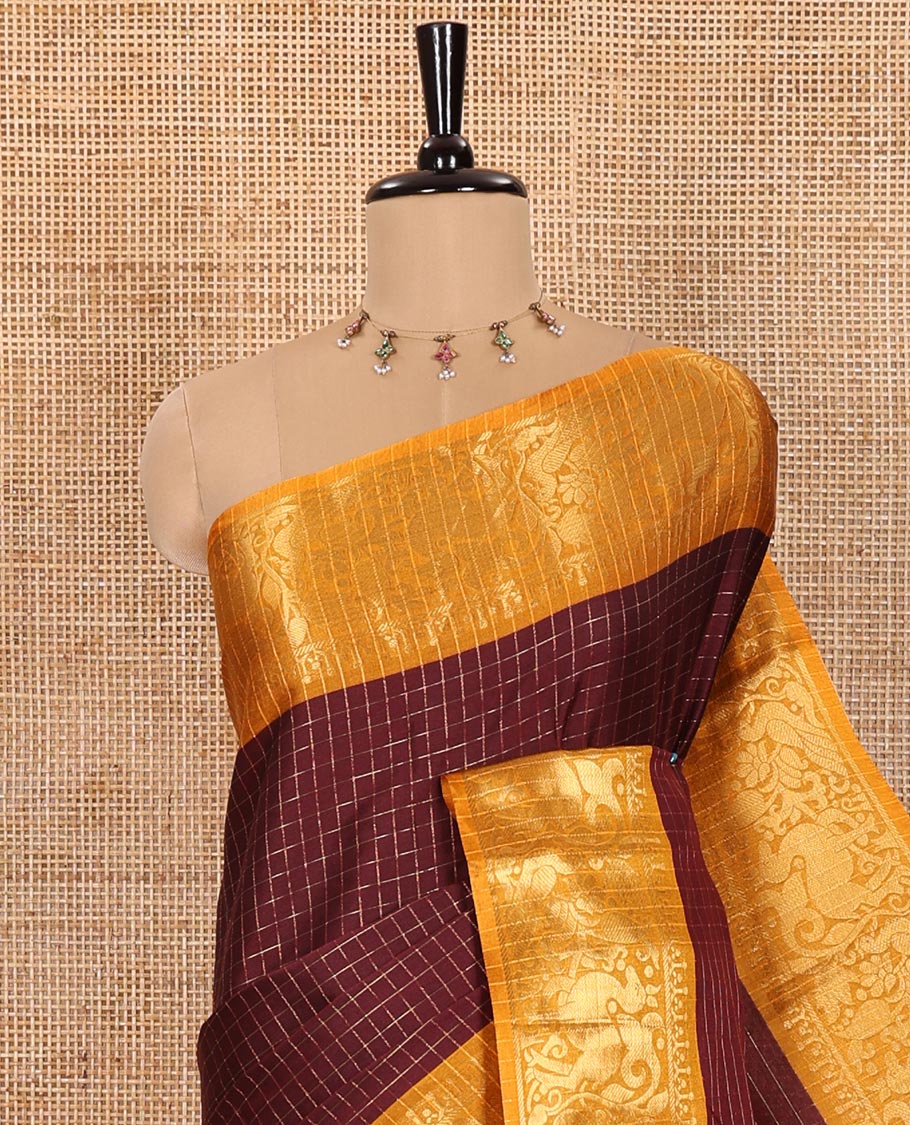 Maroon Semi-Taffeta Saree Mesmerized with Medium-Sized Zari Checks, Complemented with a Contrast Border Featuring Floral and Deer Motifs in Zari, Pallu of Stripes, and Paired with a Contrast Blouse - Image 2