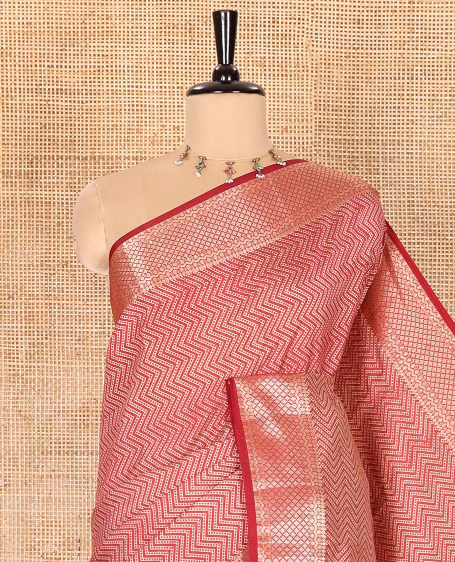 Maroon Semi-Tussar Saree Accentuated with Zig-Zag Strips Prints, Featuring a Self-border with Traditional Motifs, a Zari-Striped Pallu, Paired with a Matching Blouse - Image 2