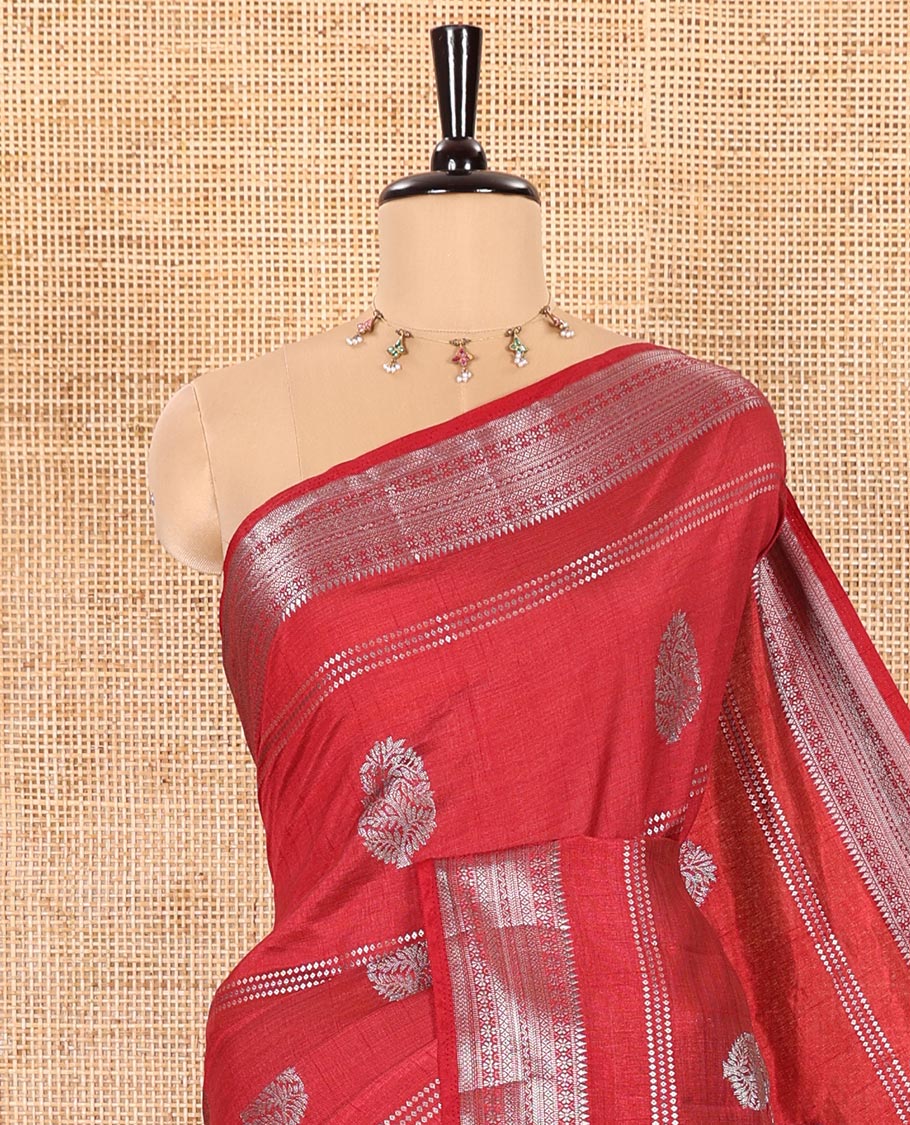 Maroon Semi-Tussar Saree Beautified with Gold Zari Stripes and Elegant Paisley Zari Buttas, Featuring a Subtly Shimmering Pallu Adorned with Traditional Zari Designs, and Paired with a Matching Blouse - Image 2