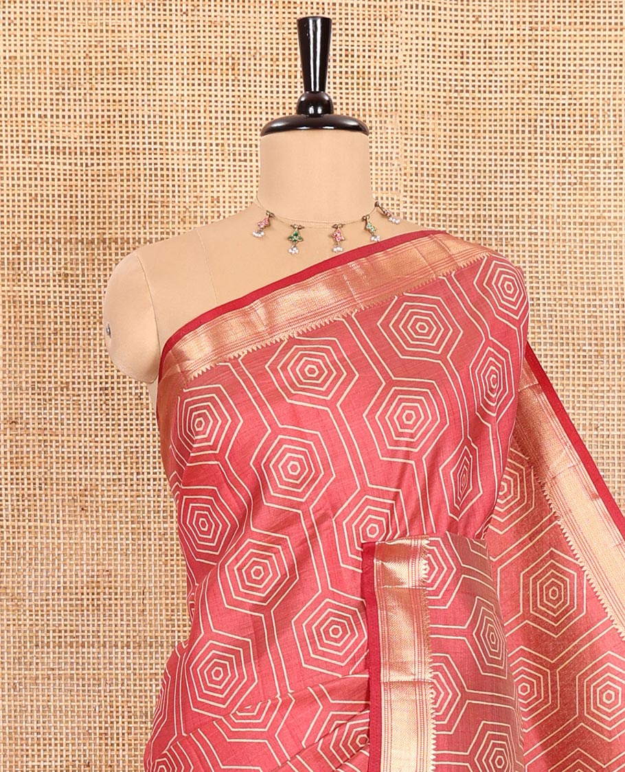 Maroon Semi-Tussar Saree Subtly Sparked with Hexagonal Geometric Patterns Printed All Over Its Body, Featuring Traditional Zari Design Border, Gleaming Zari Striped Pallu, and a Matching Blouse - Image 2