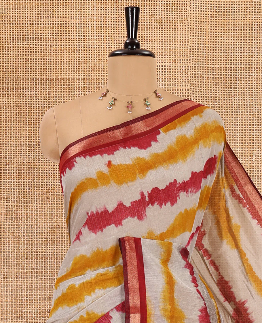 Maroon shibori printed muslin cotton saree, contrast zari border, village theme printed pallu, and a contrast dots printed blouse - Image 2