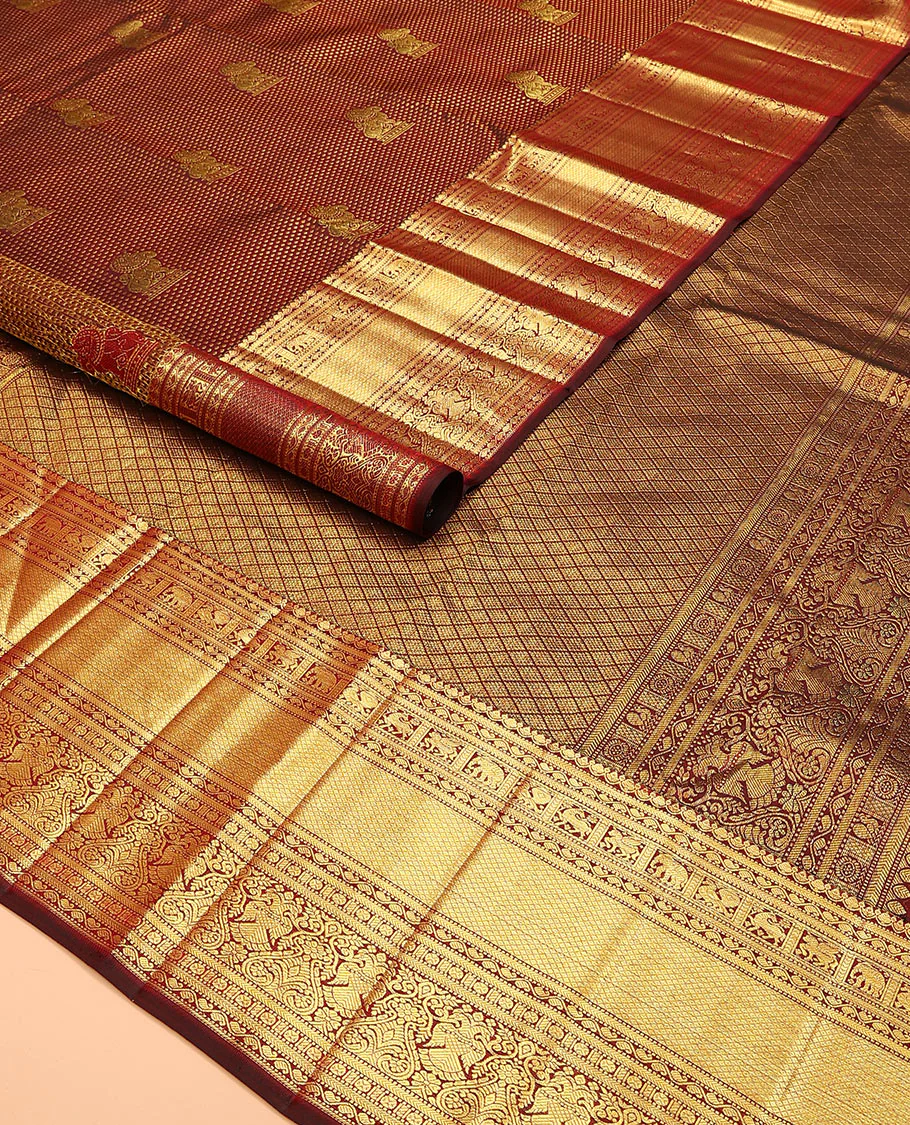 Maroon singam buttas woven kanchipuram silk saree, zari border of muthu, banaras, manga kodi, yaali, kuthirai, yaanai, mayil kann, rudraksham, and iruthalai pakshi, and jaal pallu - Image 2