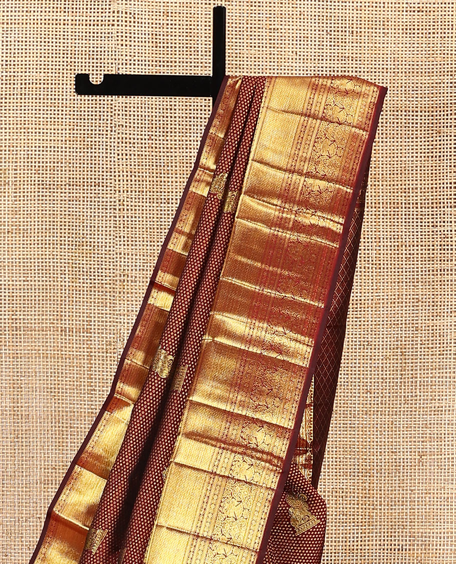 Maroon singam buttas woven kanchipuram silk saree, zari border of muthu, banaras, manga kodi, yaali, kuthirai, yaanai, mayil kann, rudraksham, and iruthalai pakshi, and jaal pallu - Image 3