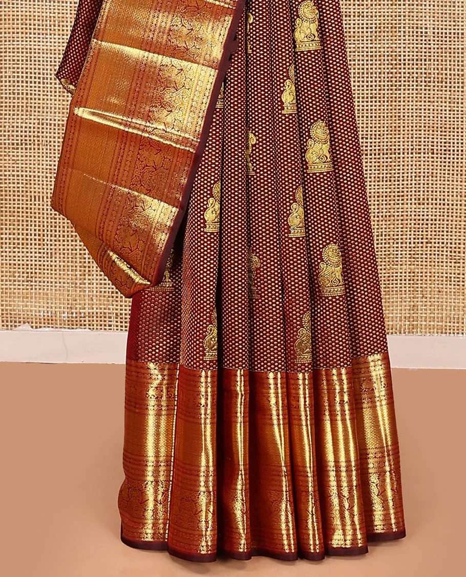 Maroon singam buttas woven kanchipuram silk saree, zari border of muthu, banaras, manga kodi, yaali, kuthirai, yaanai, mayil kann, rudraksham, and iruthalai pakshi, and jaal pallu - Image 4