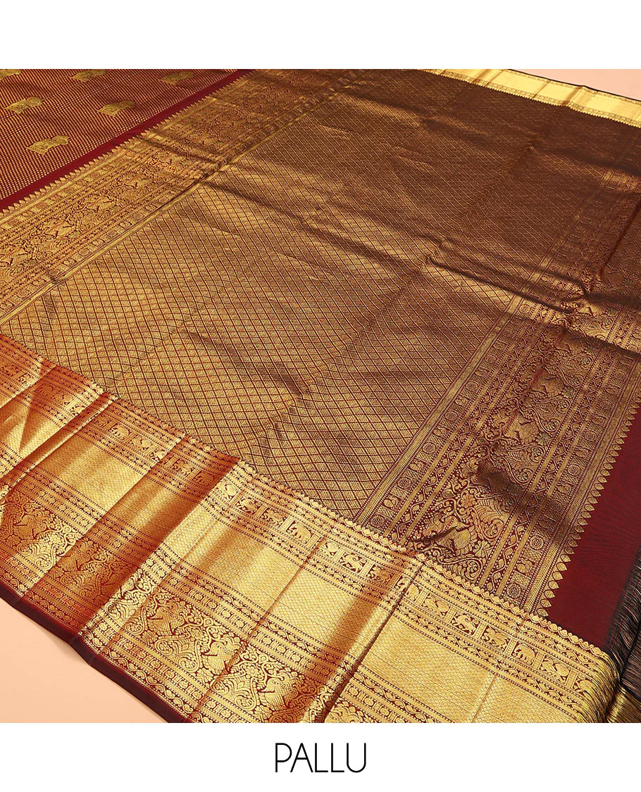 Maroon singam buttas woven kanchipuram silk saree, zari border of muthu, banaras, manga kodi, yaali, kuthirai, yaanai, mayil kann, rudraksham, and iruthalai pakshi, and jaal pallu - Image 5