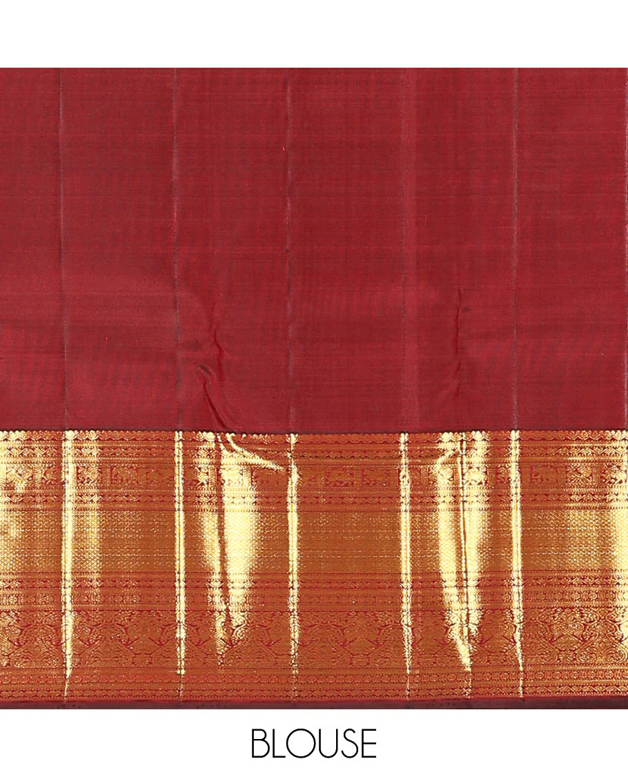 Maroon singam buttas woven kanchipuram silk saree, zari border of muthu, banaras, manga kodi, yaali, kuthirai, yaanai, mayil kann, rudraksham, and iruthalai pakshi, and jaal pallu - Image 6