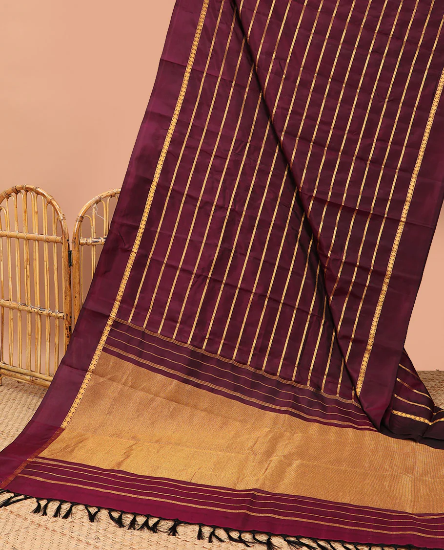 Maroon striped pure silk saree with self plain border & striped pallu - Image 6