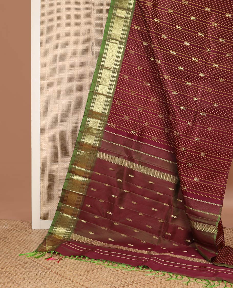 Maroon striped & zari buttas kanchipuram silk saree, contrast one-sided zari border of salngai,banaras,muthu & jaal & zari design pallu - Image 3