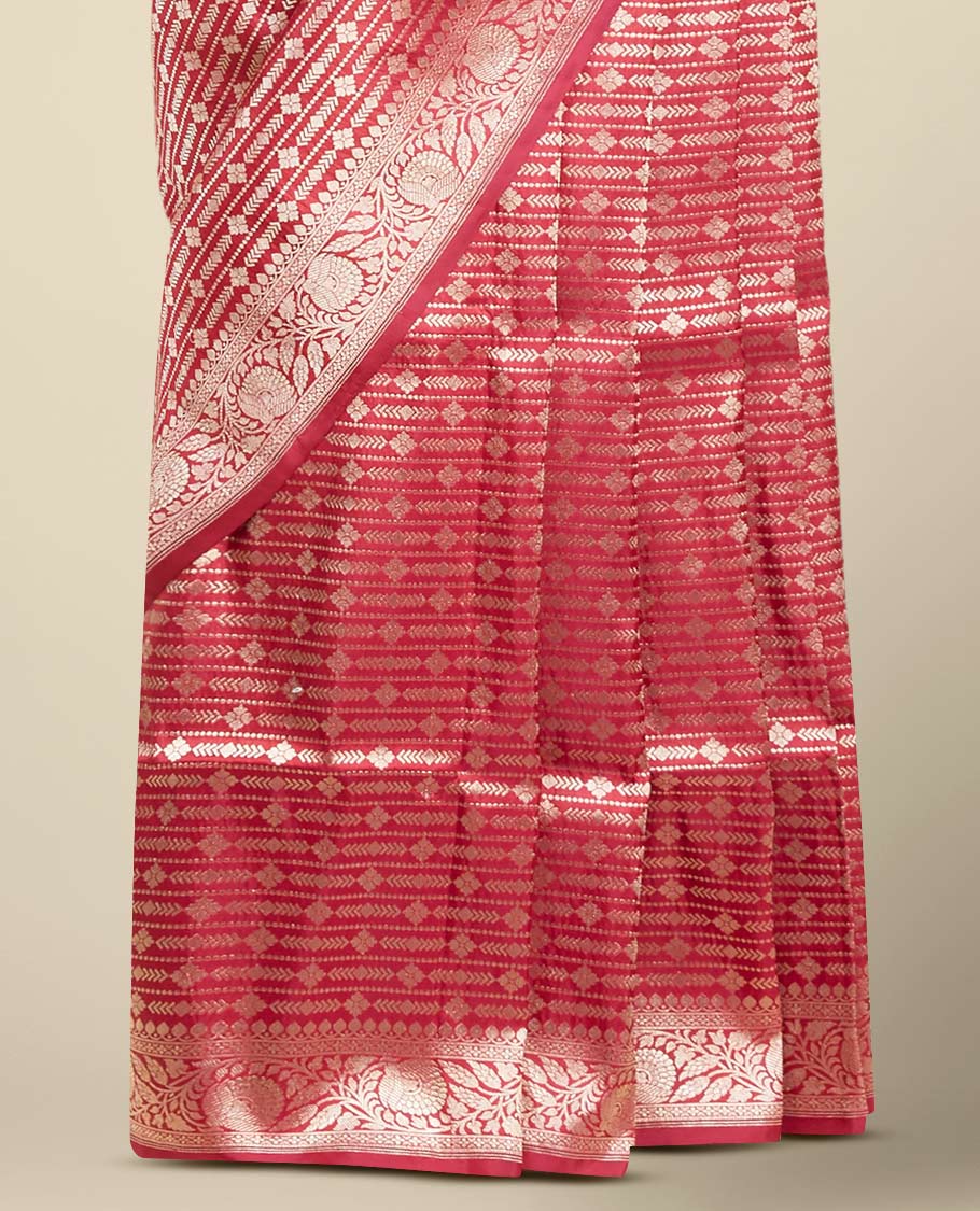 maroon striped zari design kathan silk saree with self floral border - Image 3