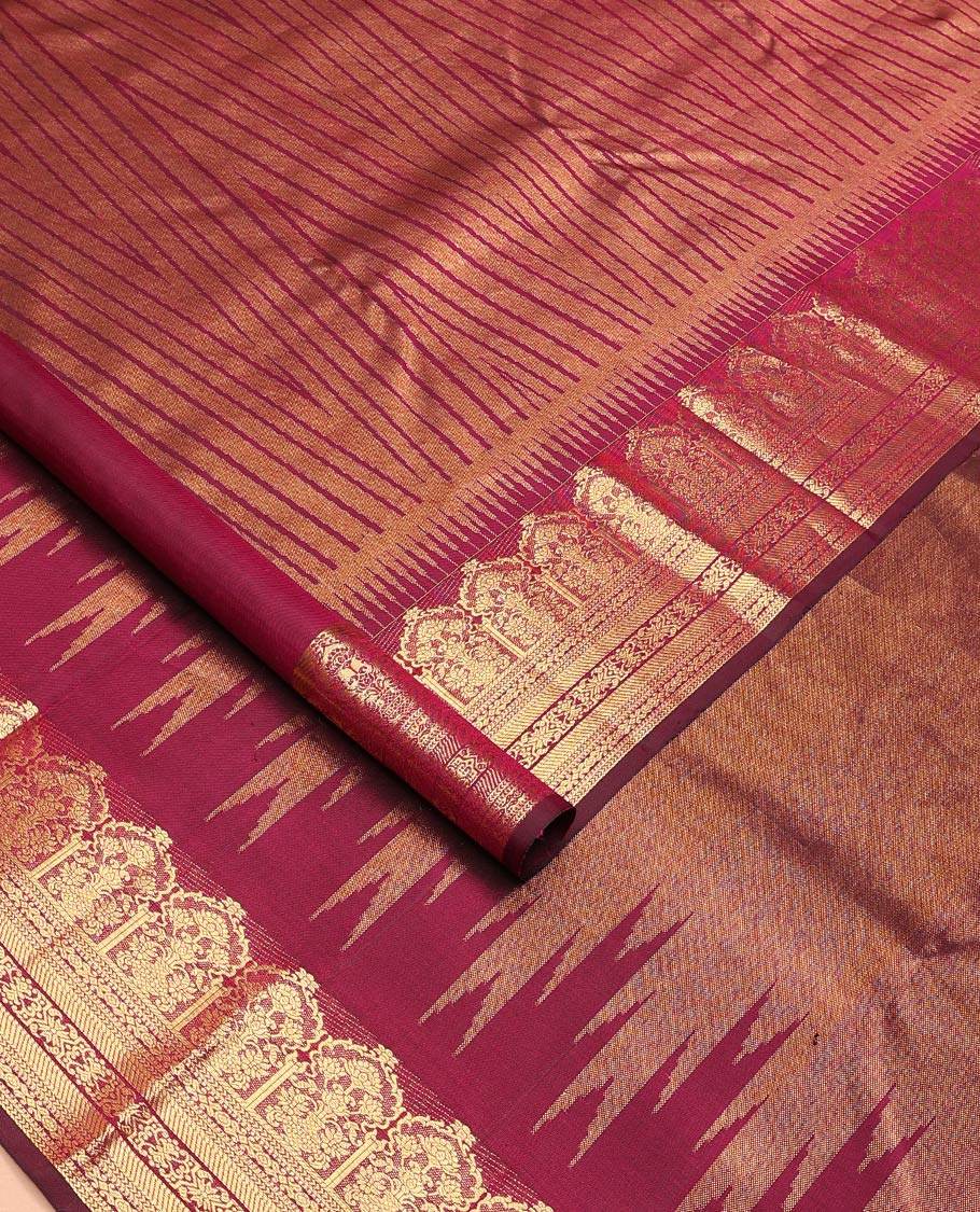 Maroon temple jacquard Kanchipuram designer saree, rekku border of floral bouquet, and traditional designs, and thazampoo rekku pallu - Image 2