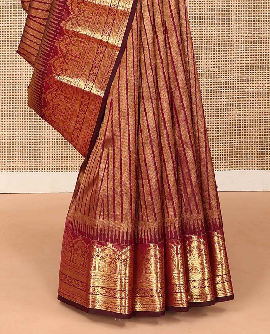 Maroon temple jacquard Kanchipuram designer saree, rekku border of floral bouquet, and traditional designs, and thazampoo rekku pallu - Image 5
