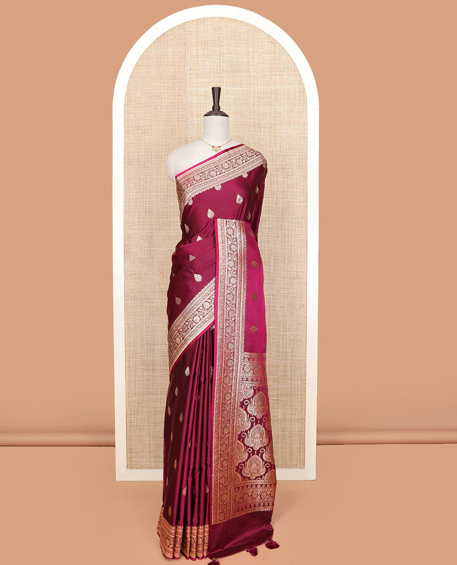 Maroon thilakam buttas banarasi silk saree, traditional zari border of floral creeper designs, and pallu of intricate designs - Image 3