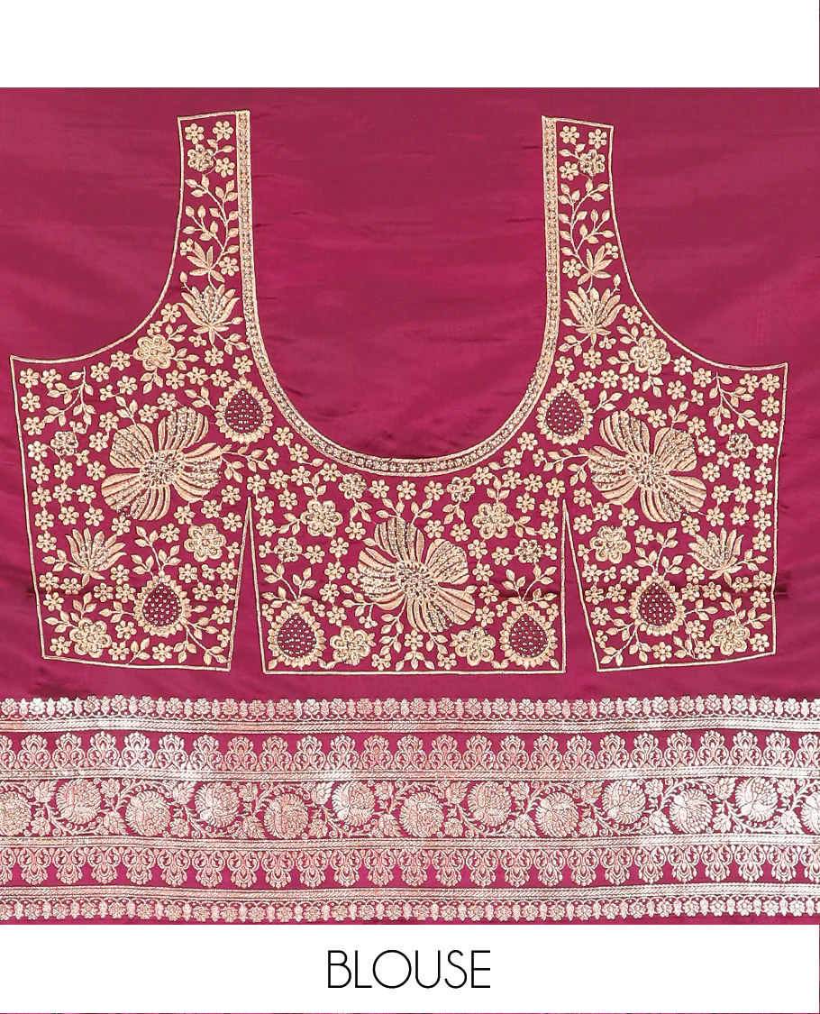 Maroon thilakam buttas banarasi silk saree, traditional zari border of floral creeper designs, and pallu of intricate designs - Image 5