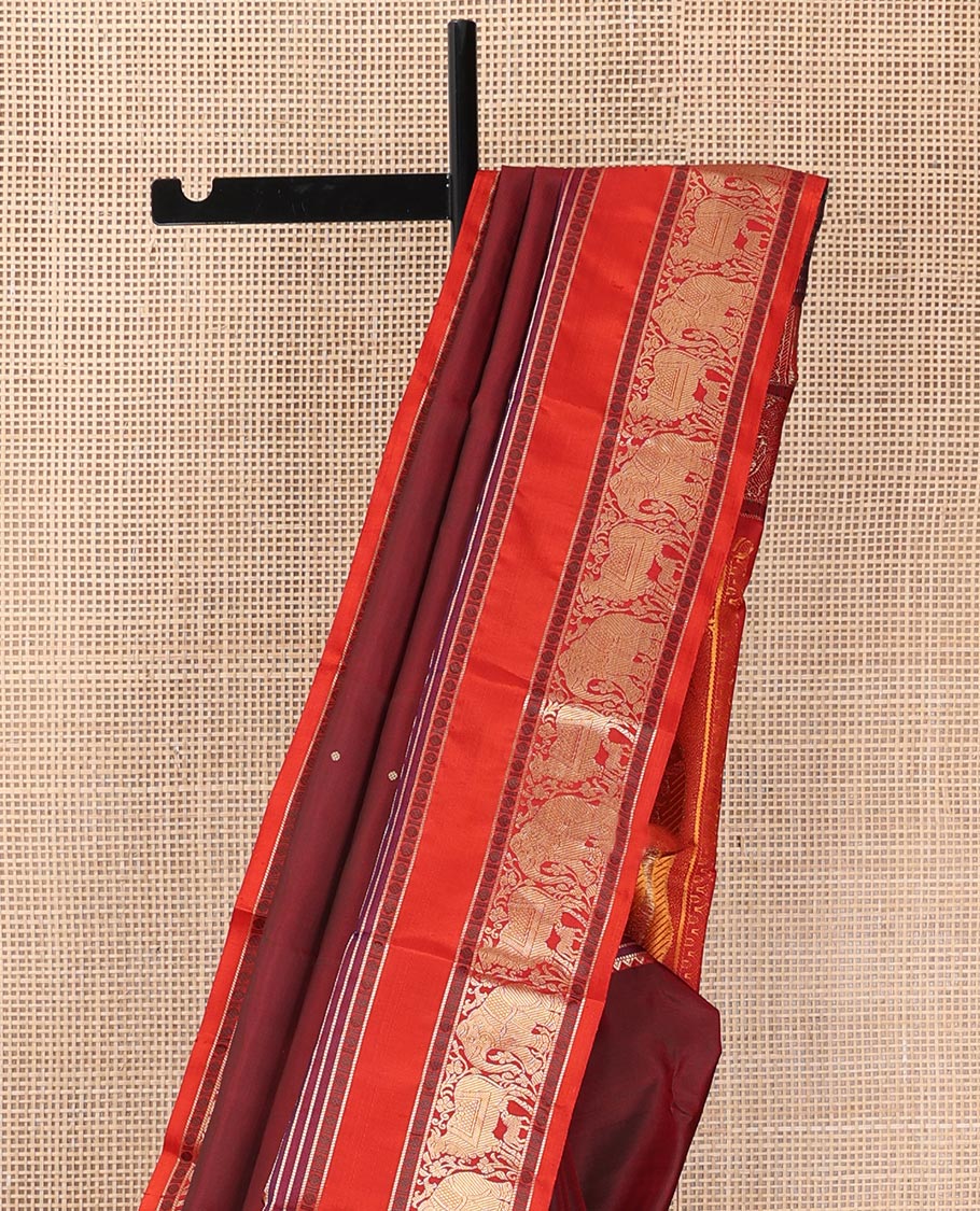 Maroon thread buttas Kanchipuram silk saree, contrast rettai pettu border of rekku, rudraksham, yaanai, and Pichwai cow designs, and pallu features Vrishabha Kunjara design - Image 4