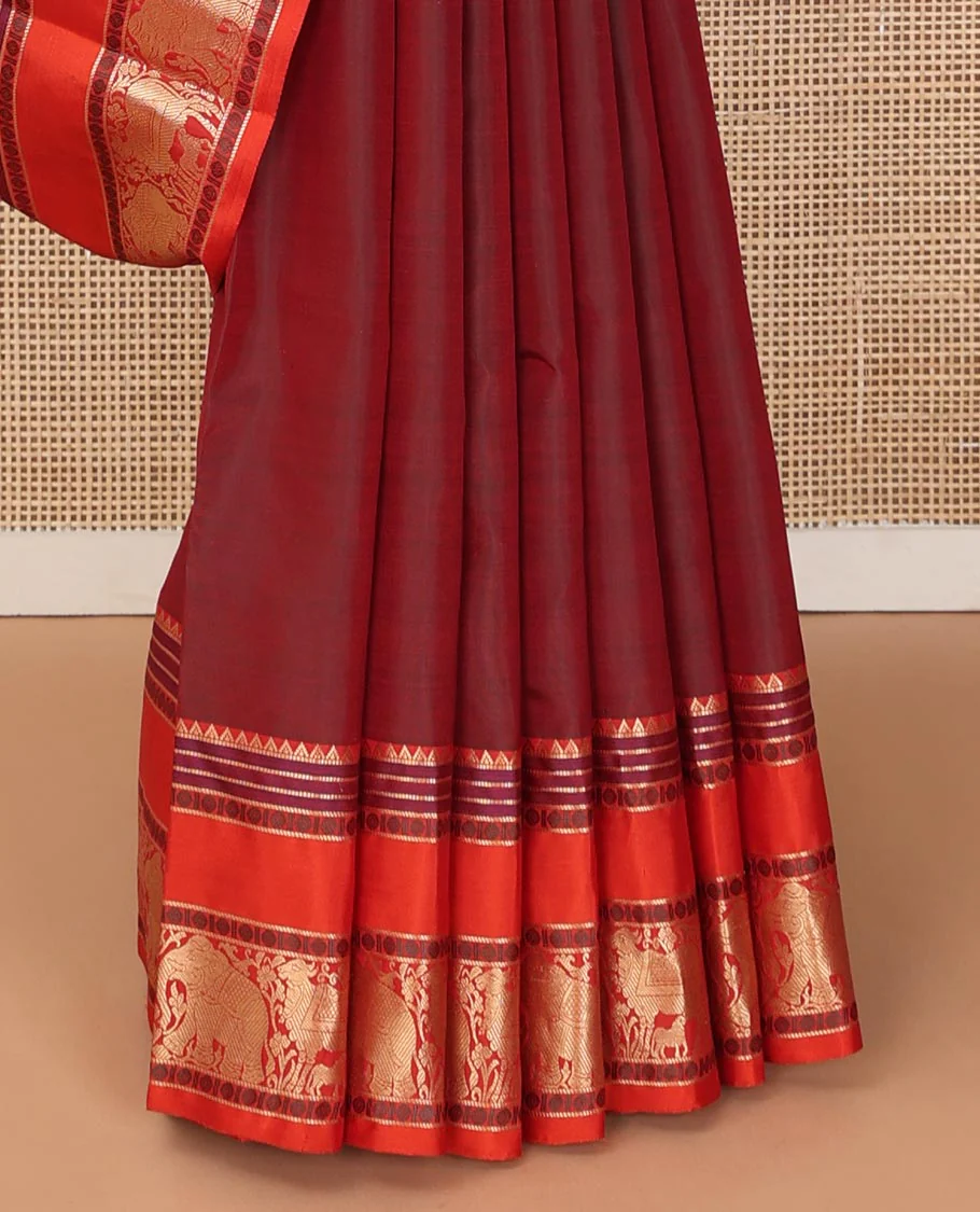 Maroon thread buttas Kanchipuram silk saree, contrast rettai pettu border of rekku, rudraksham, yaanai, and Pichwai cow designs, and pallu features Vrishabha Kunjara design - Image 5
