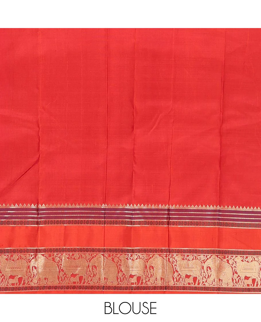 Maroon thread buttas Kanchipuram silk saree, contrast rettai pettu border of rekku, rudraksham, yaanai, and Pichwai cow designs, and pallu features Vrishabha Kunjara design - Image 6