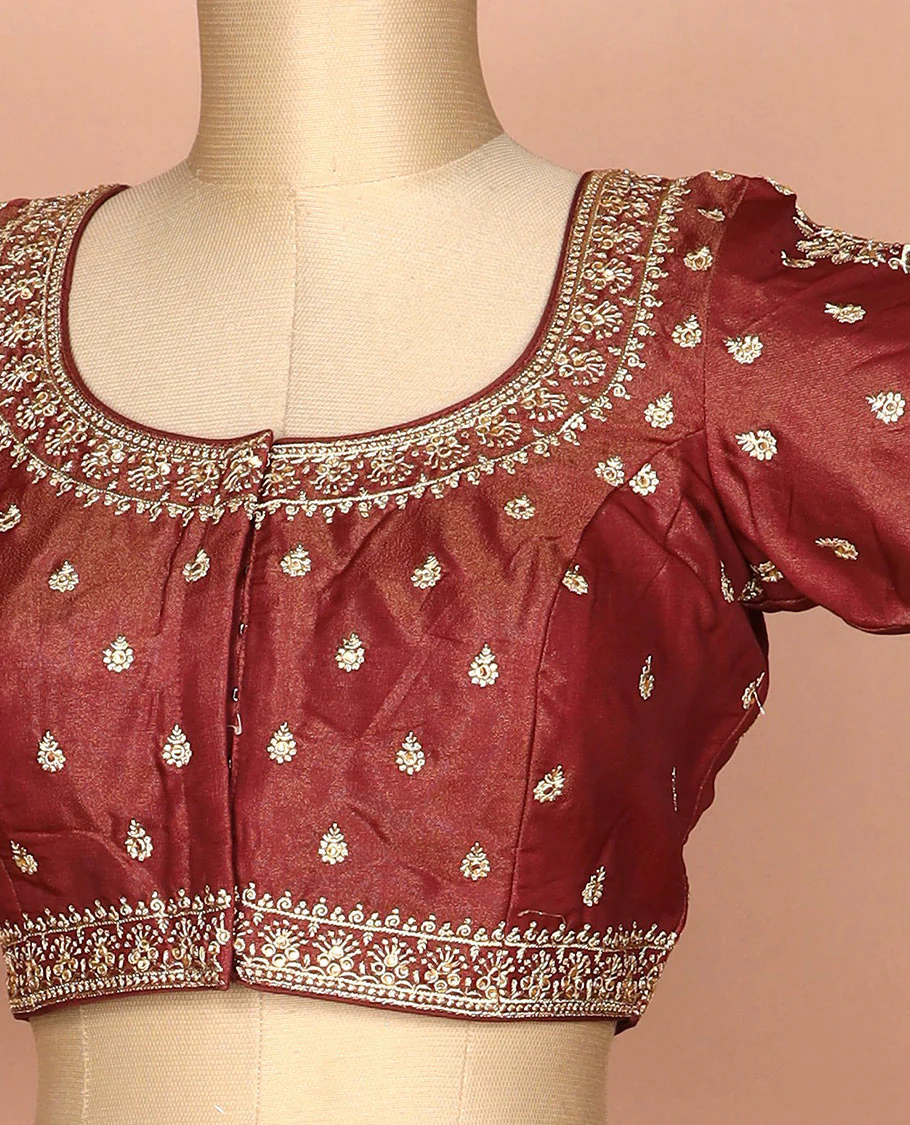 Maroon thread embroidered round neck elbow sleeve raw silk readymade blouse - Image 2