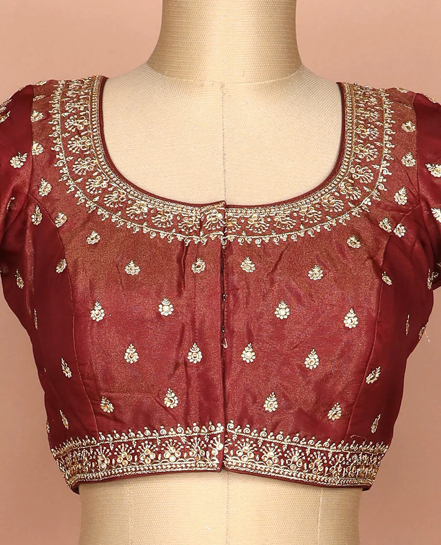 Maroon thread embroidered round neck elbow sleeve raw silk readymade blouse - Image 3