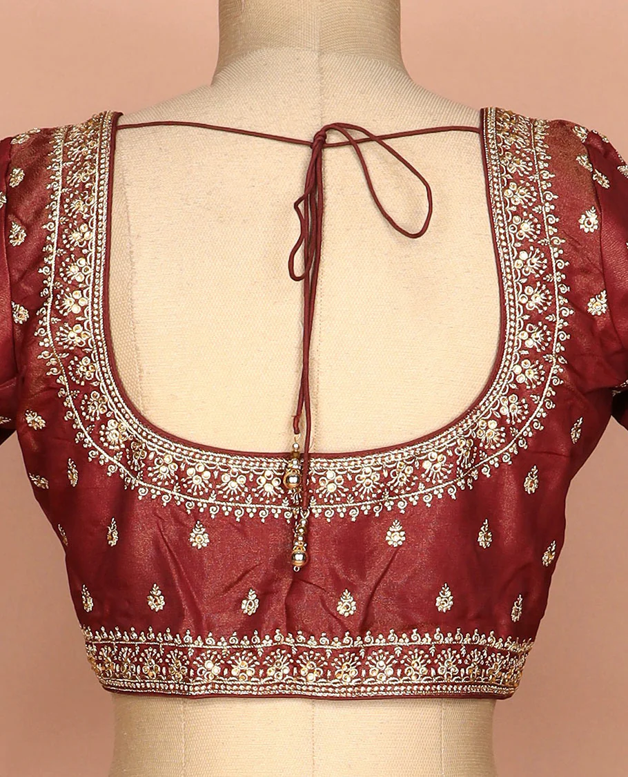 Maroon thread embroidered round neck elbow sleeve raw silk readymade blouse - Image 4
