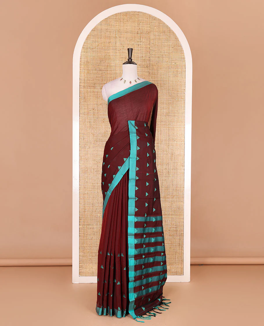 Maroon triangle motifs mercerised cotton saree, contrast plain border, striped pallu, and matching triangle motifs blouse - Image 2