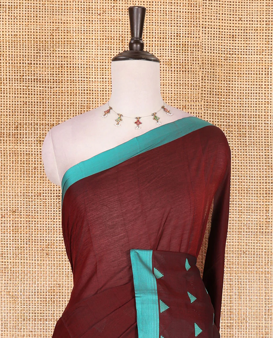 Maroon triangle motifs mercerised cotton saree, contrast plain border, striped pallu, and matching triangle motifs blouse - Image 3