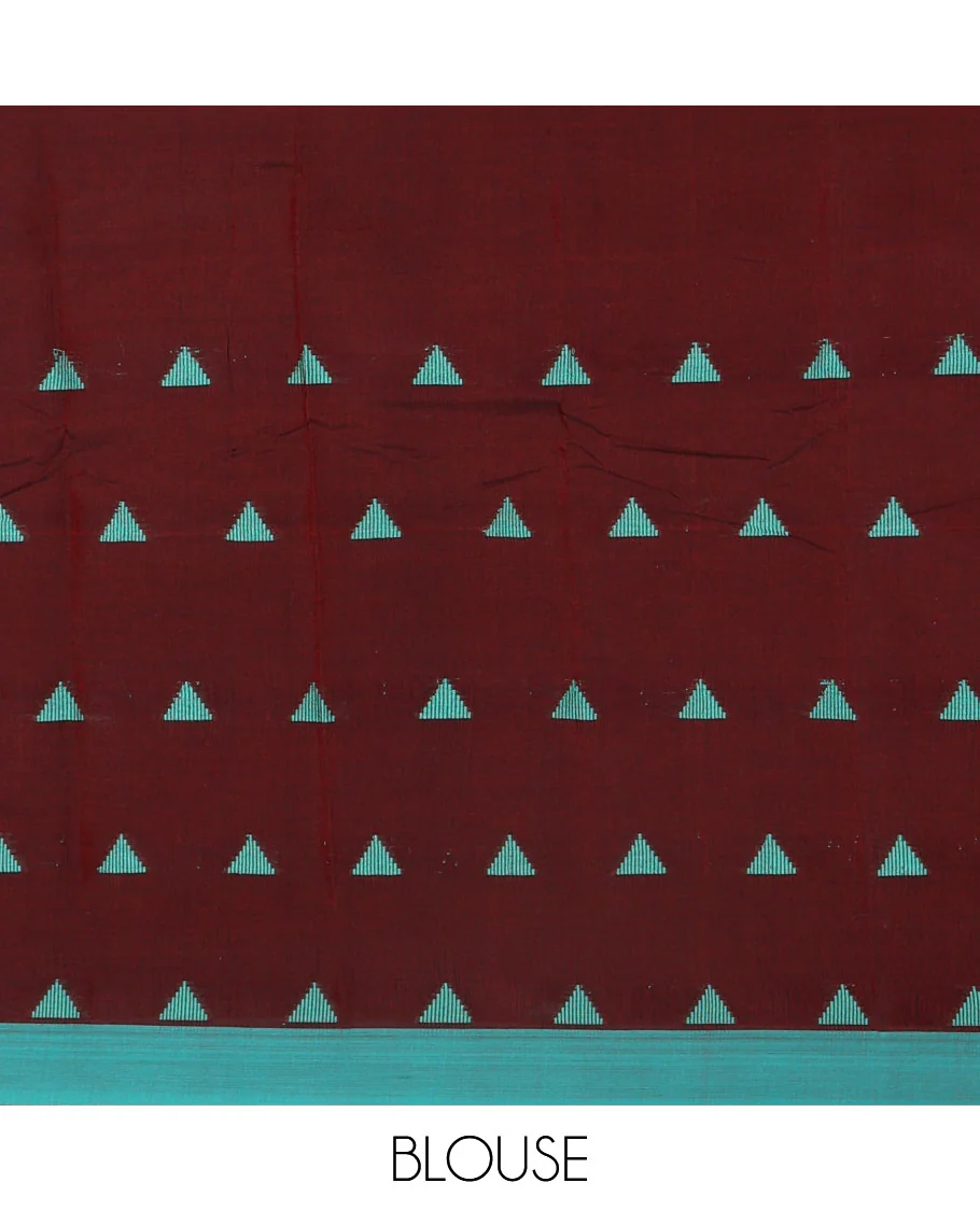 Maroon triangle motifs mercerised cotton saree, contrast plain border, striped pallu, and matching triangle motifs blouse - Image 4