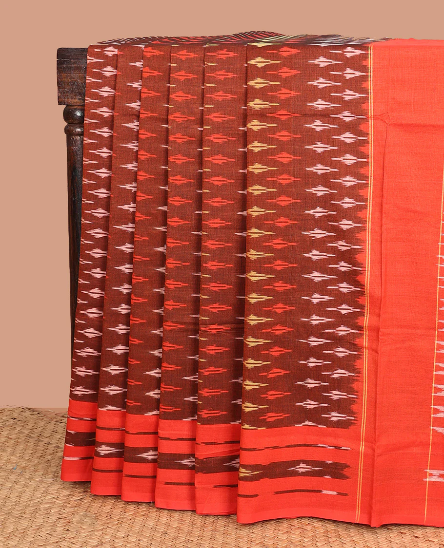 Maroon unique buttas woven ikkat cotton saree, contrast ikkat buttas woven border, and pallu of buttas