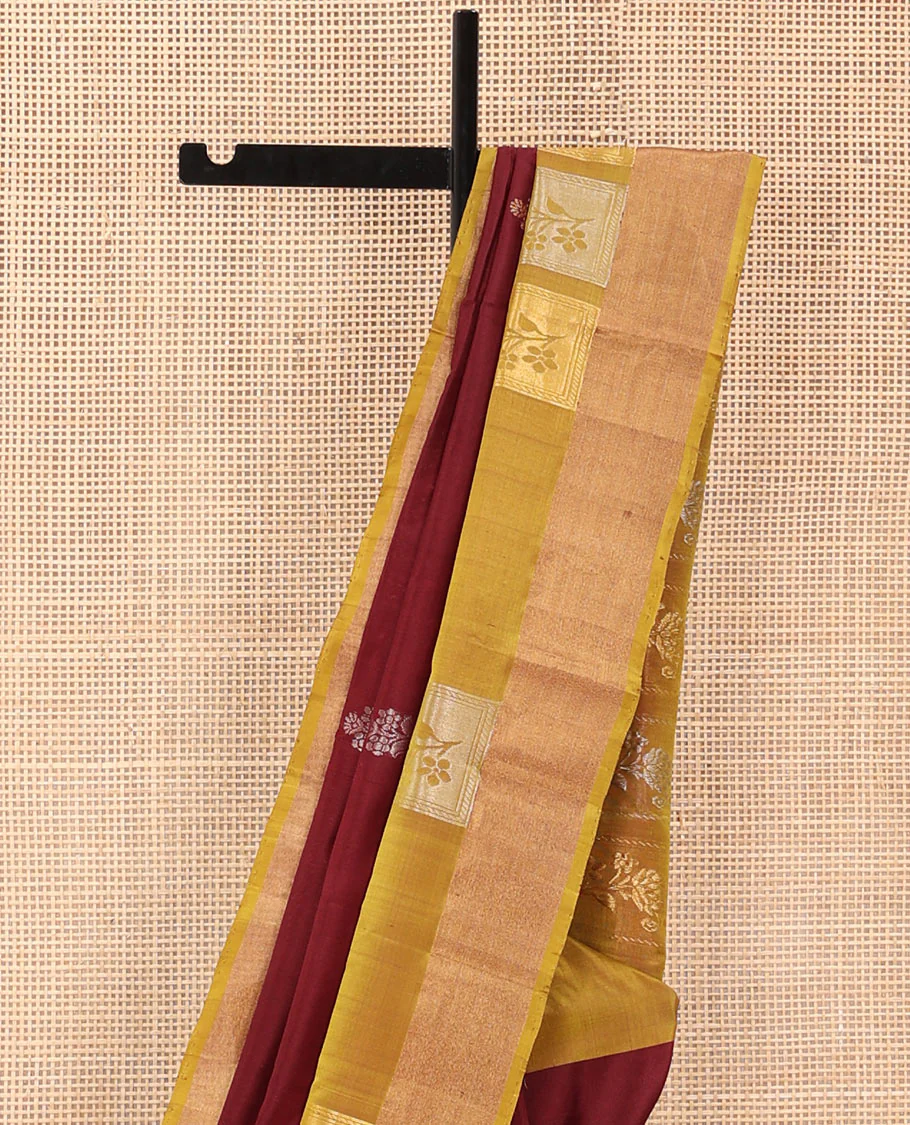 Maroon Uppada Silk Saree Detailed with Floral Zari Buttas, Complemented by a Contrast Border of Floral Butta Enclosed Square Design, Pallu Decked Up with Intricate Designs, and Paired with a Contrast Blouse - Image 3