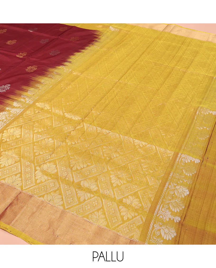 Maroon Uppada Silk Saree Detailed with Floral Zari Buttas, Complemented by a Contrast Border of Floral Butta Enclosed Square Design, Pallu Decked Up with Intricate Designs, and Paired with a Contrast Blouse - Image 5