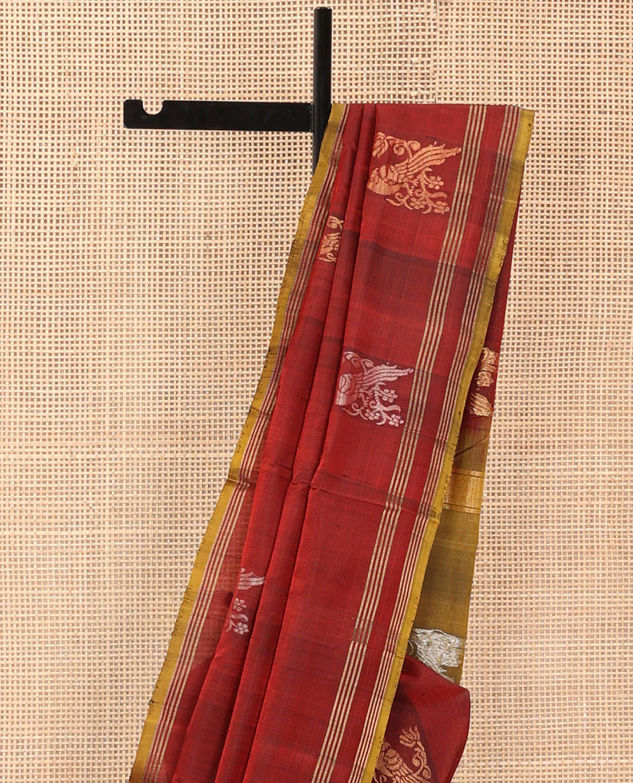 Maroon Uppada Silk Saree Embellished with Parrot Zari Buttas, Highlighted with a Contrast Piping Border, Pallu Decked Up with Zari Designs, and Paired with a Contrast Blouse - Image 3