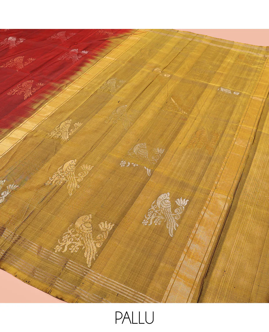 Maroon Uppada Silk Saree Embellished with Parrot Zari Buttas, Highlighted with a Contrast Piping Border, Pallu Decked Up with Zari Designs, and Paired with a Contrast Blouse - Image 5