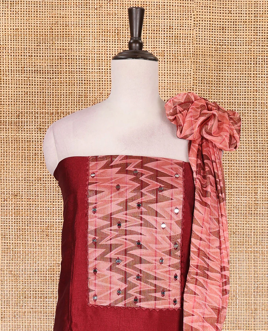 Maroon Vertican silk material chudidar set, ikkat chevron striped with mirror neck embroidered top, santoon bottom, and contrast chevron striped dupatta - Image 3