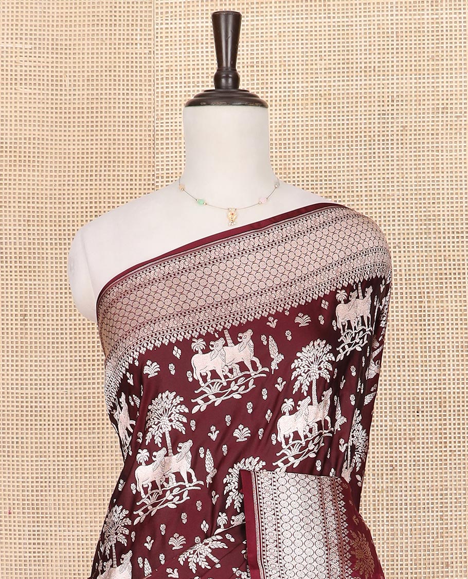 Maroon zari buttas and Pichwai cow buttas mushru silk saree, traditional design border, and zari-rich jaal pallu - Image 3